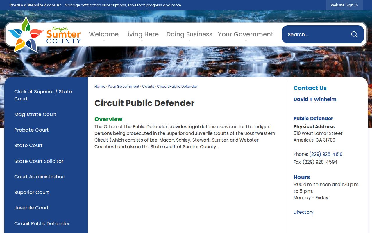 Southwestern Judicial Circuit Public Defender page for Americus