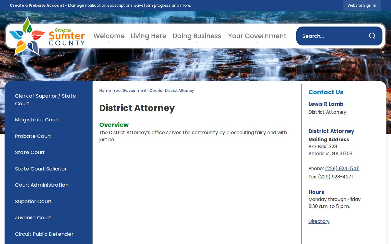 Sumter County District Attorney office page serving Americus