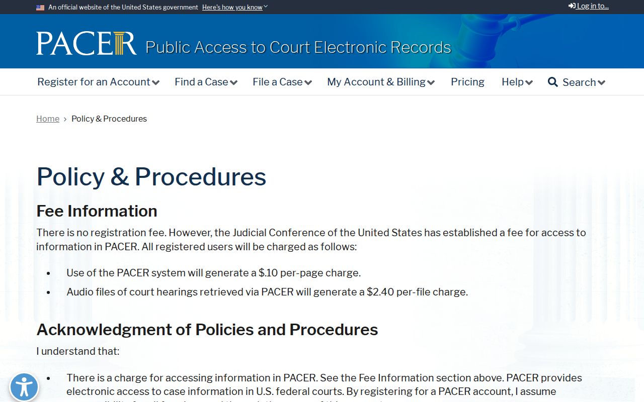 Official PACER policies and procedures page for federal court records