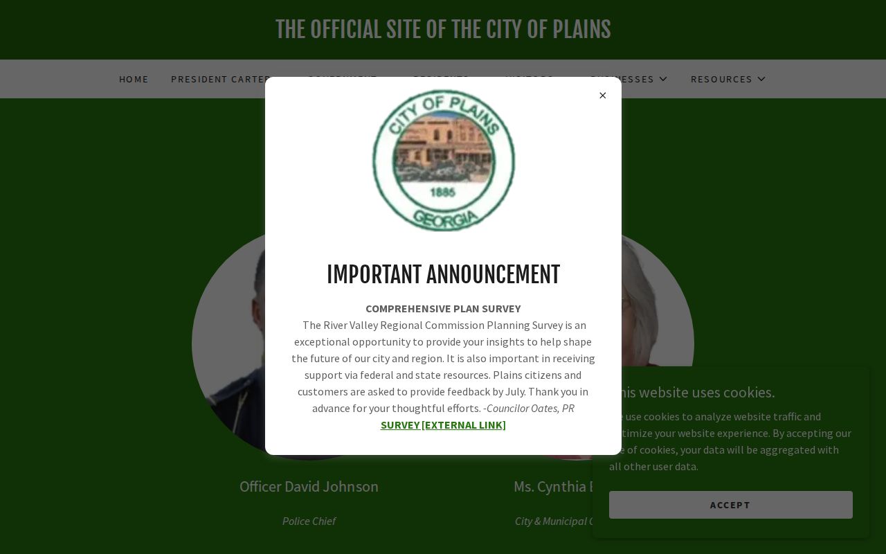 Official Plains city departments page with police and court contacts