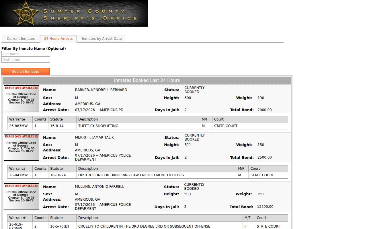 Sumter County arrest records 24 hour booking log